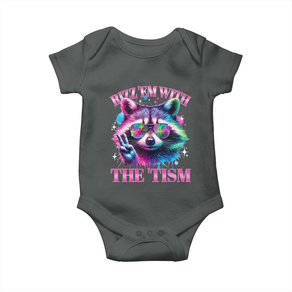 Funny Autism Awareness Racoon Baby Onesie Rizz Em With The Tism Meme Autistic TS11 Dark Heather Print Your Wear
