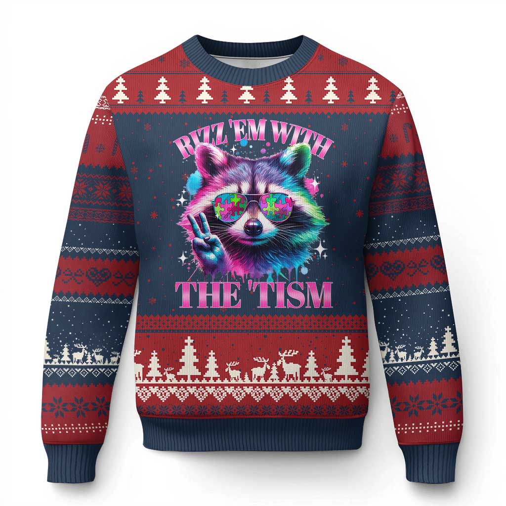Funny Autism Awareness Racoon Ugly Christmas Sweater Rizz Em With The Tism Meme Autistic TS11 Navy Red Print Your Wear