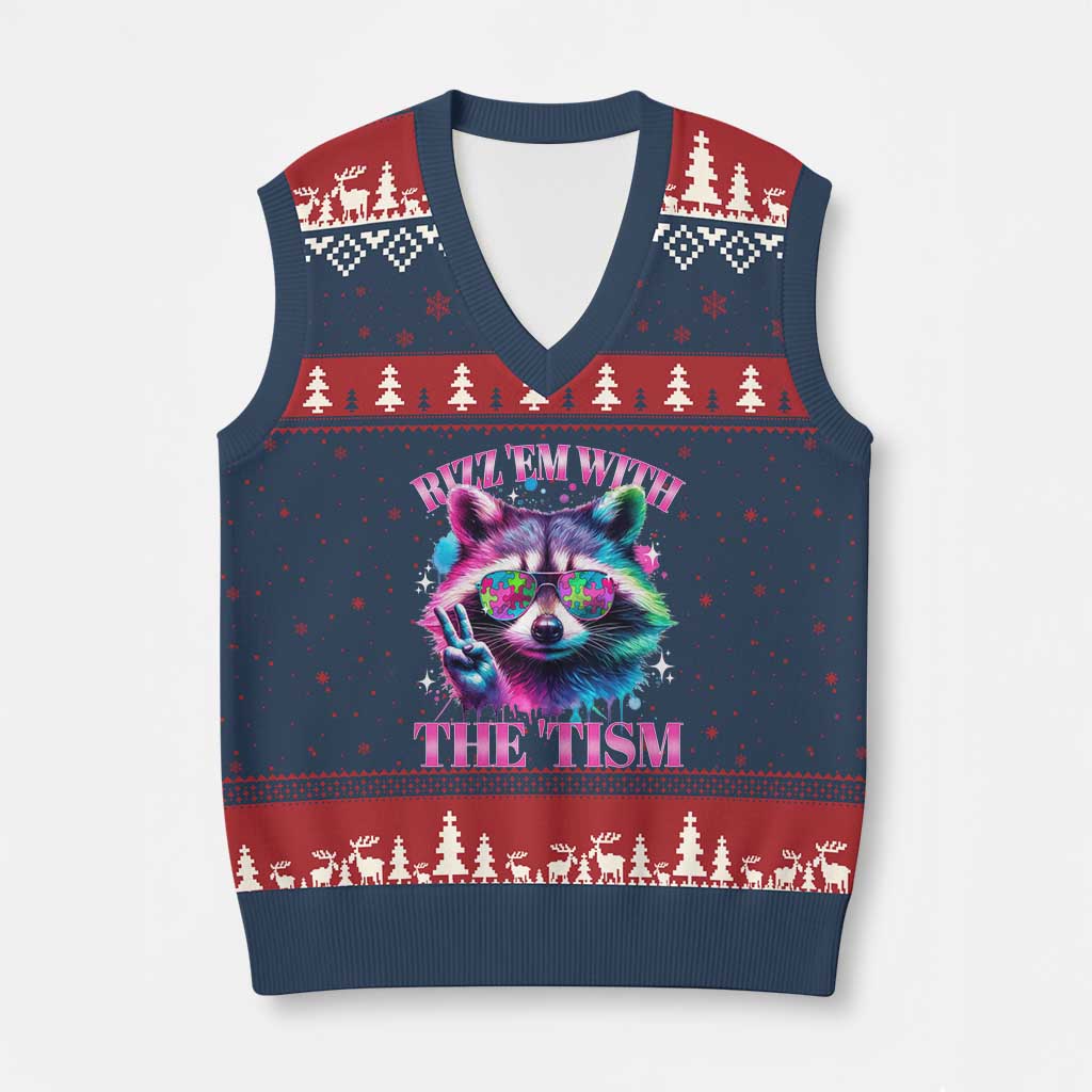 Funny Autism Awareness Racoon V-Neck Knit Sweater Vest Rizz Em With The Tism Meme Autistic TS11 Navy Red Print Your Wear