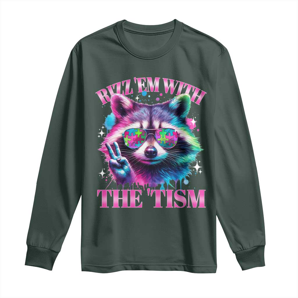 Funny Autism Awareness Racoon Long Sleeve Shirt Rizz Em With The Tism Meme Autistic TS11 Dark Forest Green Print Your Wear
