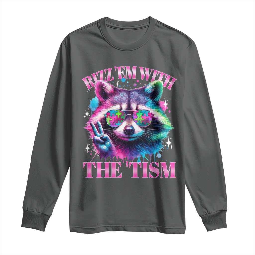 Funny Autism Awareness Racoon Long Sleeve Shirt Rizz Em With The Tism Meme Autistic TS11 Dark Heather Print Your Wear