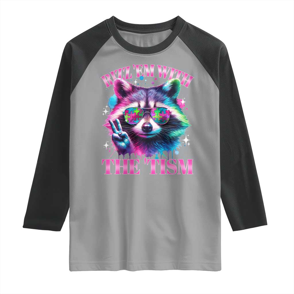 Funny Autism Awareness Racoon Raglan Shirt Rizz Em With The Tism Meme Autistic TS11 Sport Gray Black Print Your Wear