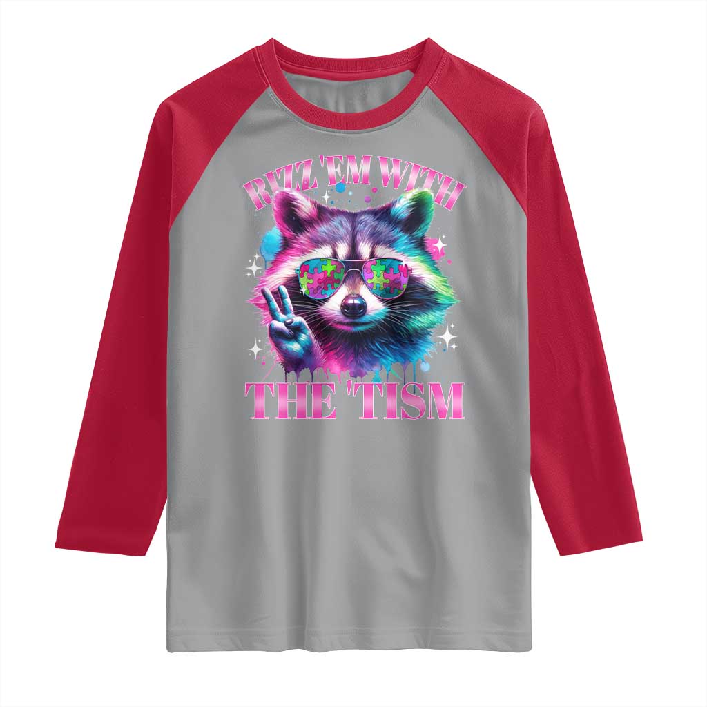 Funny Autism Awareness Racoon Raglan Shirt Rizz Em With The Tism Meme Autistic TS11 Sport Gray Red Print Your Wear