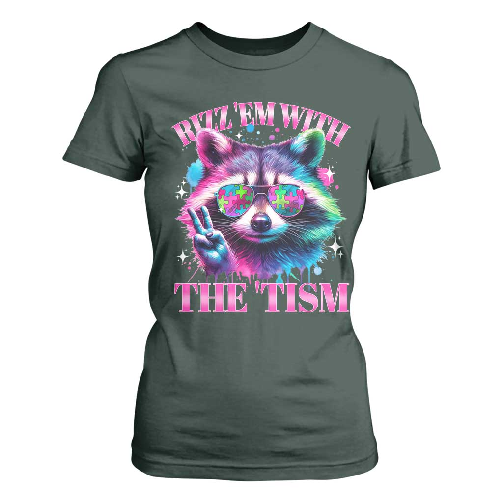 Funny Autism Awareness Racoon T Shirt For Women Rizz Em With The Tism Meme Autistic TS11 Dark Forest Green Print Your Wear