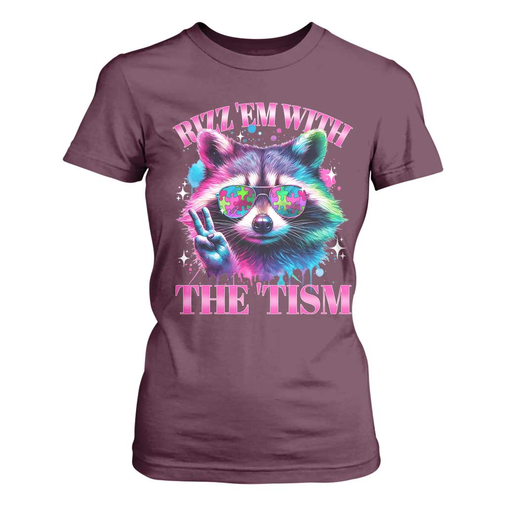 Funny Autism Awareness Racoon T Shirt For Women Rizz Em With The Tism Meme Autistic TS11 Maroon Print Your Wear