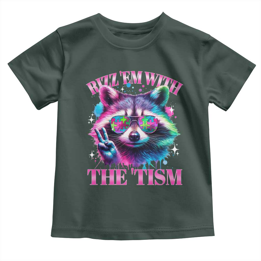 Funny Autism Awareness Racoon Toddler T Shirt Rizz Em With The Tism Meme Autistic TS11 Dark Forest Green Print Your Wear