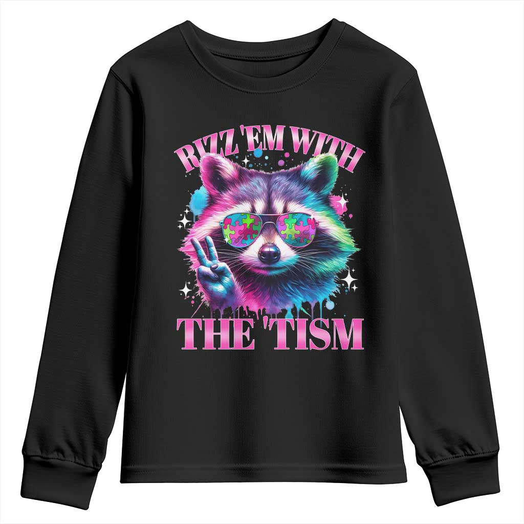 Funny Autism Awareness Racoon Youth Sweatshirt Rizz Em With The Tism Meme Autistic TS11 Black Print Your Wear