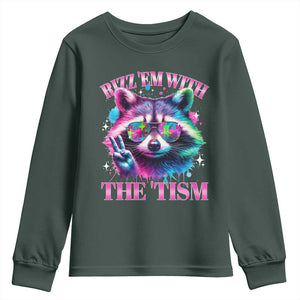 Funny Autism Awareness Racoon Youth Sweatshirt Rizz Em With The Tism Meme Autistic TS11 Dark Forest Green Print Your Wear