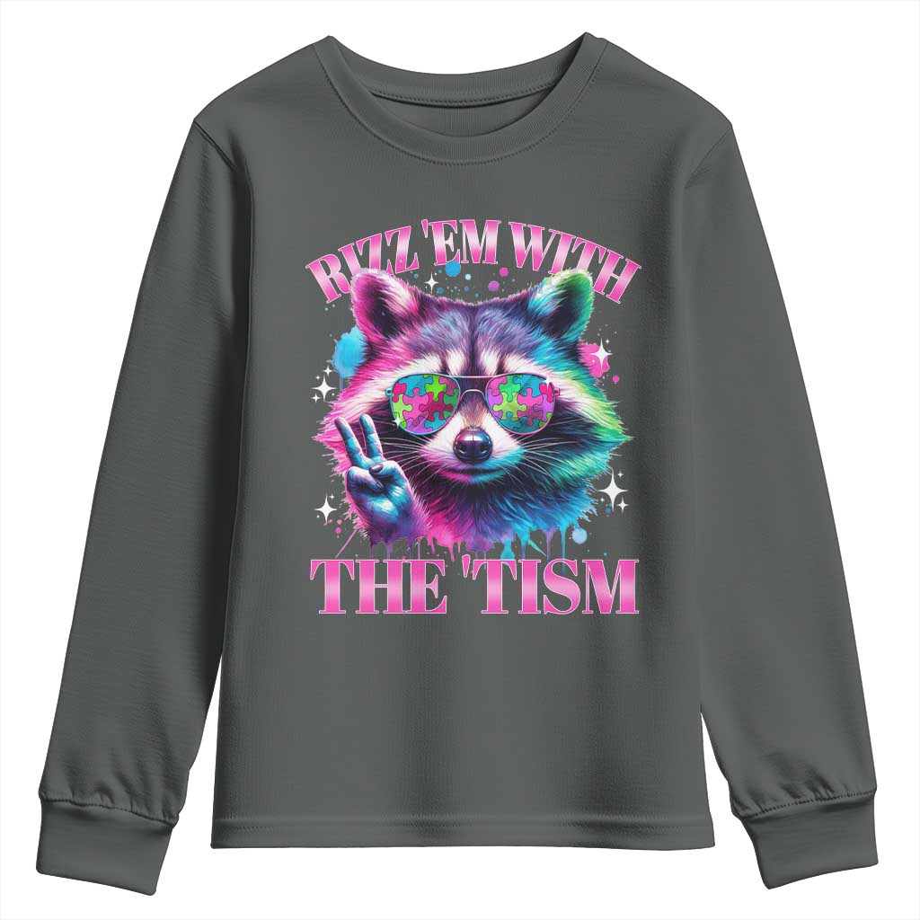 Funny Autism Awareness Racoon Youth Sweatshirt Rizz Em With The Tism Meme Autistic TS11 Dark Heather Print Your Wear