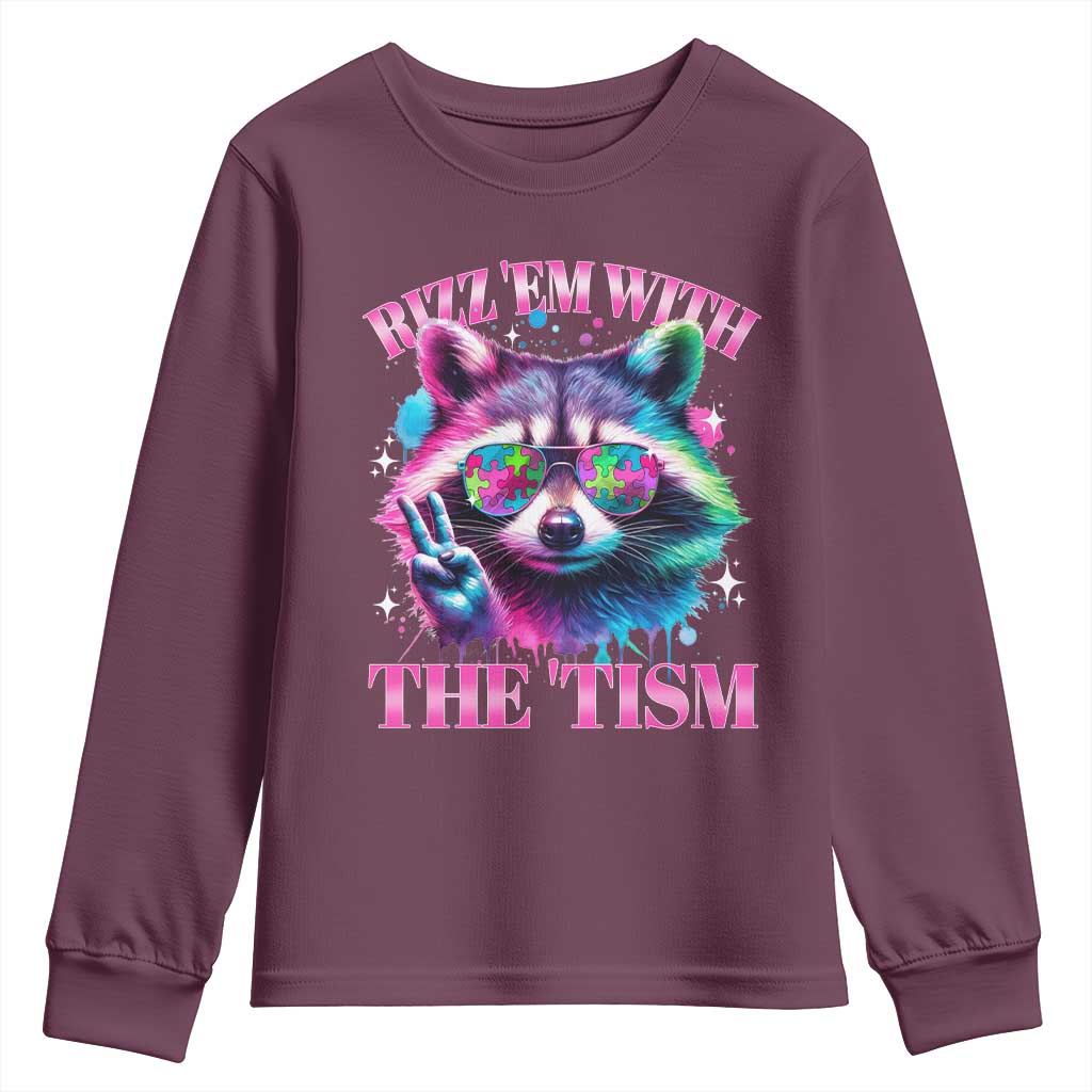 Funny Autism Awareness Racoon Youth Sweatshirt Rizz Em With The Tism Meme Autistic TS11 Maroon Print Your Wear