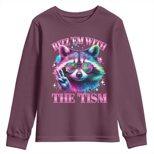 Funny Autism Awareness Racoon Youth Sweatshirt Rizz Em With The Tism Meme Autistic TS11 Maroon Print Your Wear