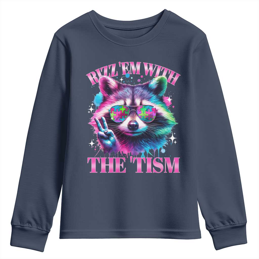 Funny Autism Awareness Racoon Youth Sweatshirt Rizz Em With The Tism Meme Autistic TS11 Navy Print Your Wear