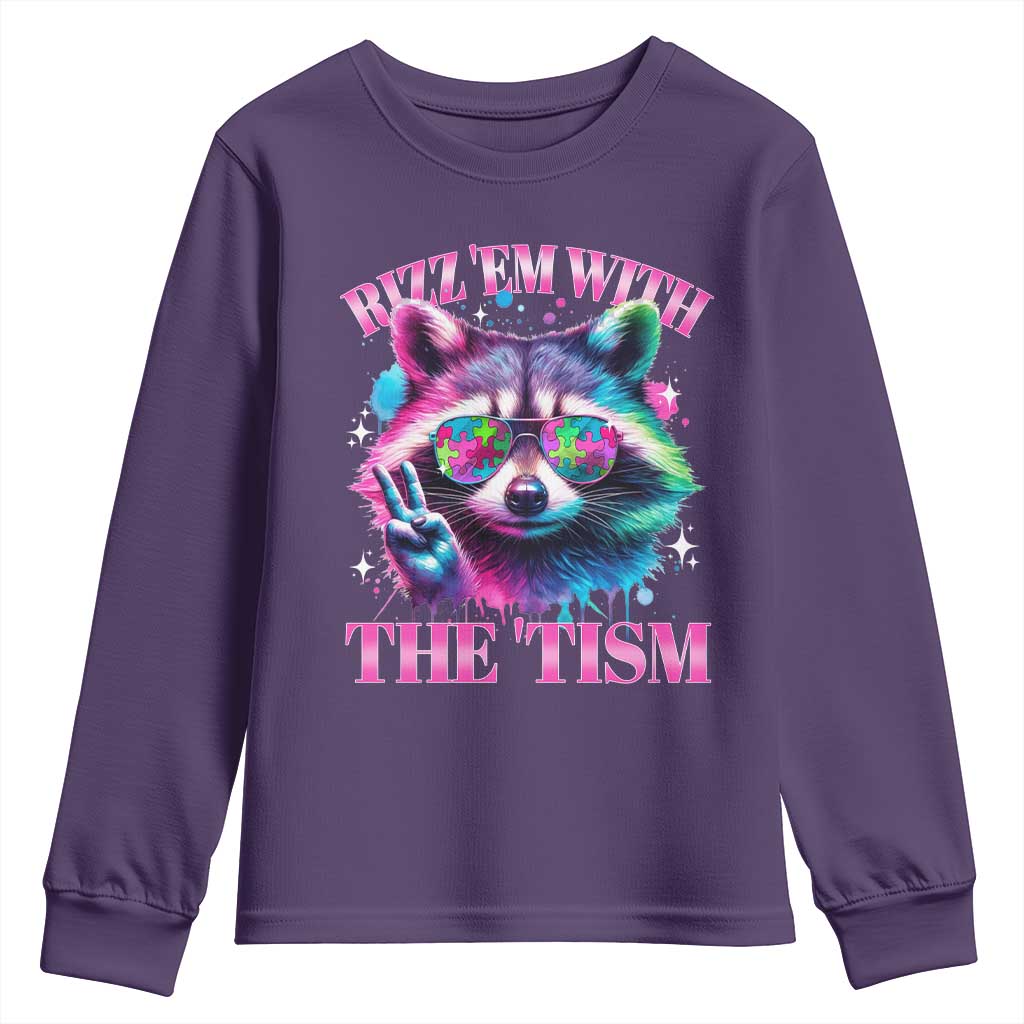 Funny Autism Awareness Racoon Youth Sweatshirt Rizz Em With The Tism Meme Autistic TS11 Purple Print Your Wear