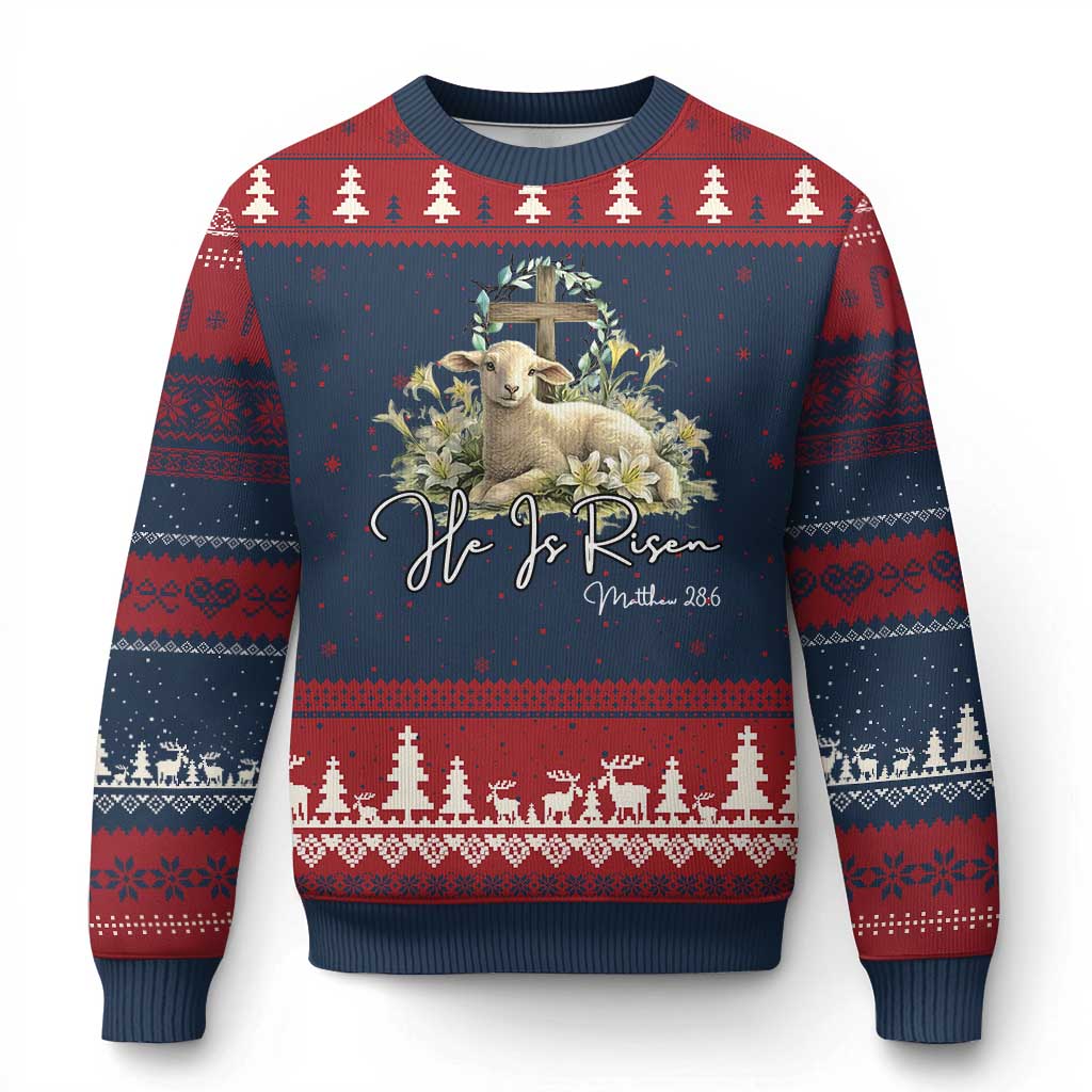 He Is Risen Ugly Christmas Sweater Christian Religious Easter Day Bible Verse Sheep TS11 Navy Red Print Your Wear