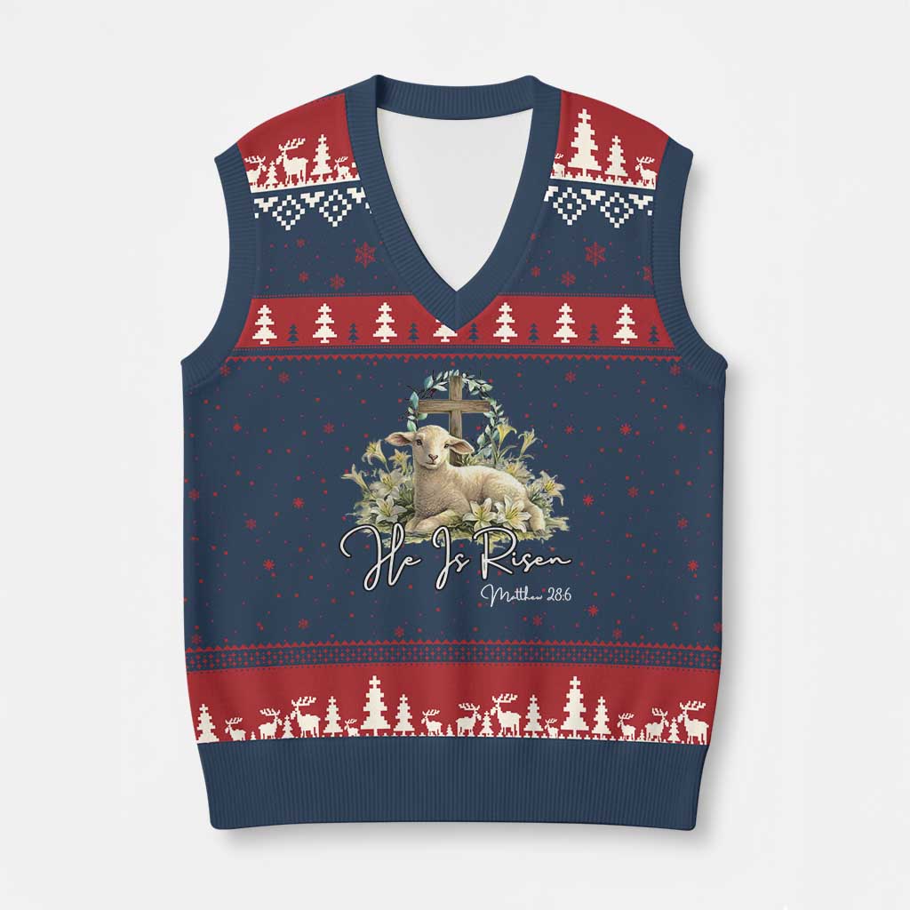 He Is Risen V-Neck Knit Sweater Vest Christian Religious Easter Day Bible Verse Sheep TS11 Navy Red Print Your Wear