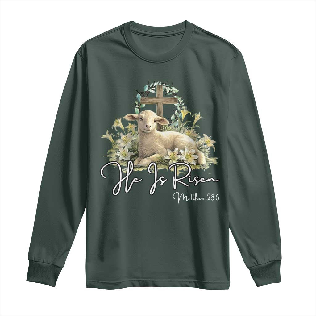He Is Risen Long Sleeve Shirt Christian Religious Easter Day Bible Verse Sheep TS11 Dark Forest Green Print Your Wear