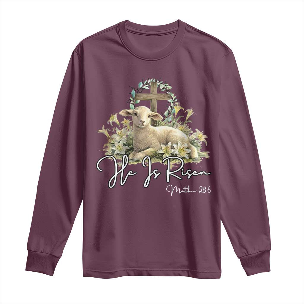 He Is Risen Long Sleeve Shirt Christian Religious Easter Day Bible Verse Sheep TS11 Maroon Print Your Wear