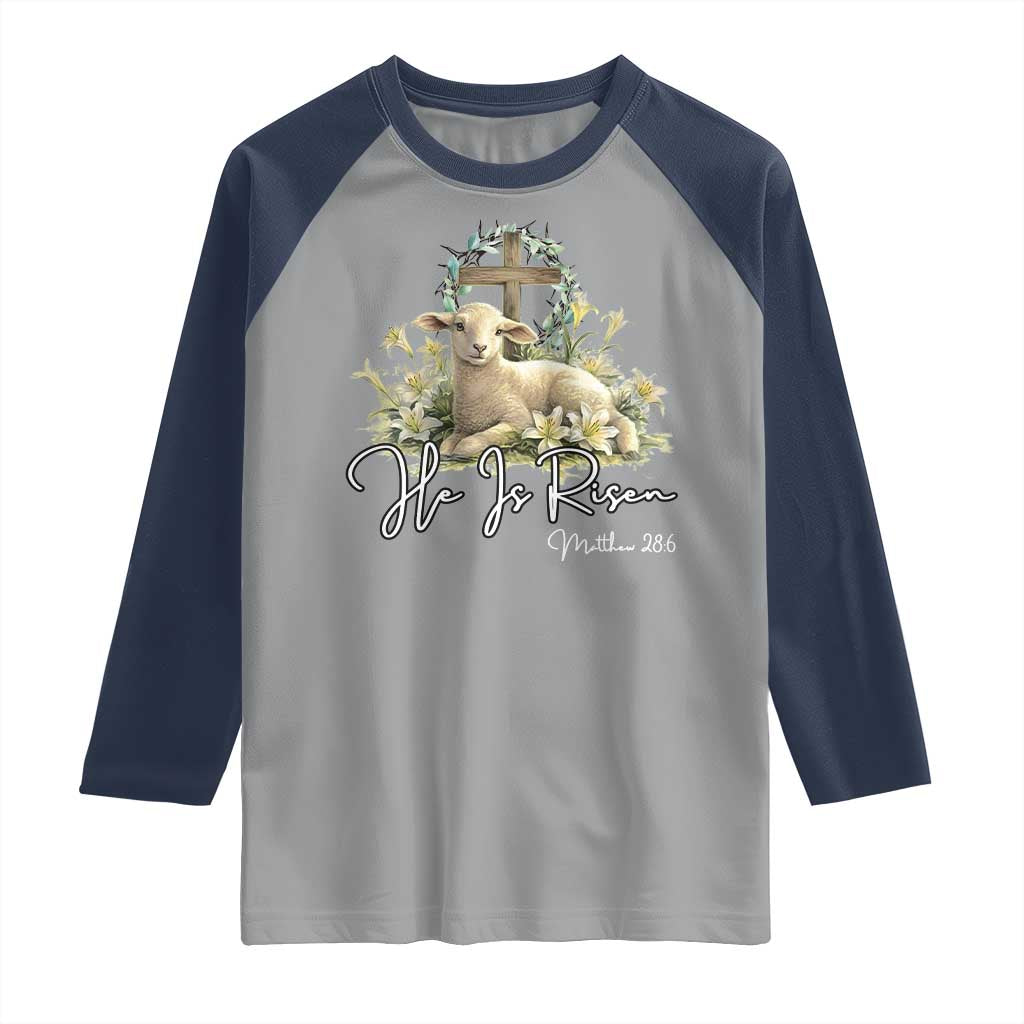 He Is Risen Raglan Shirt Christian Religious Easter Day Bible Verse Sheep TS11 Sport Gray Navy Print Your Wear