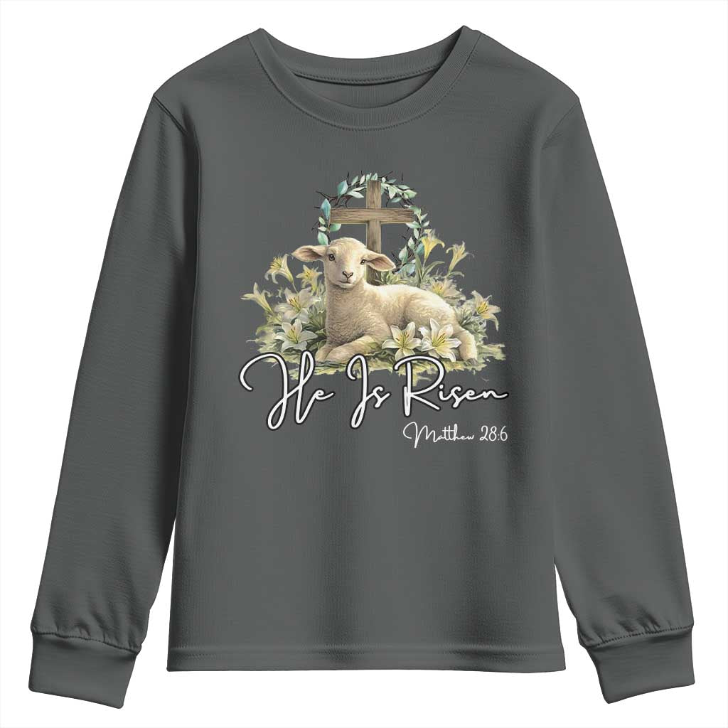 He Is Risen Youth Sweatshirt Christian Religious Easter Day Bible Verse Sheep TS11 Dark Heather Print Your Wear