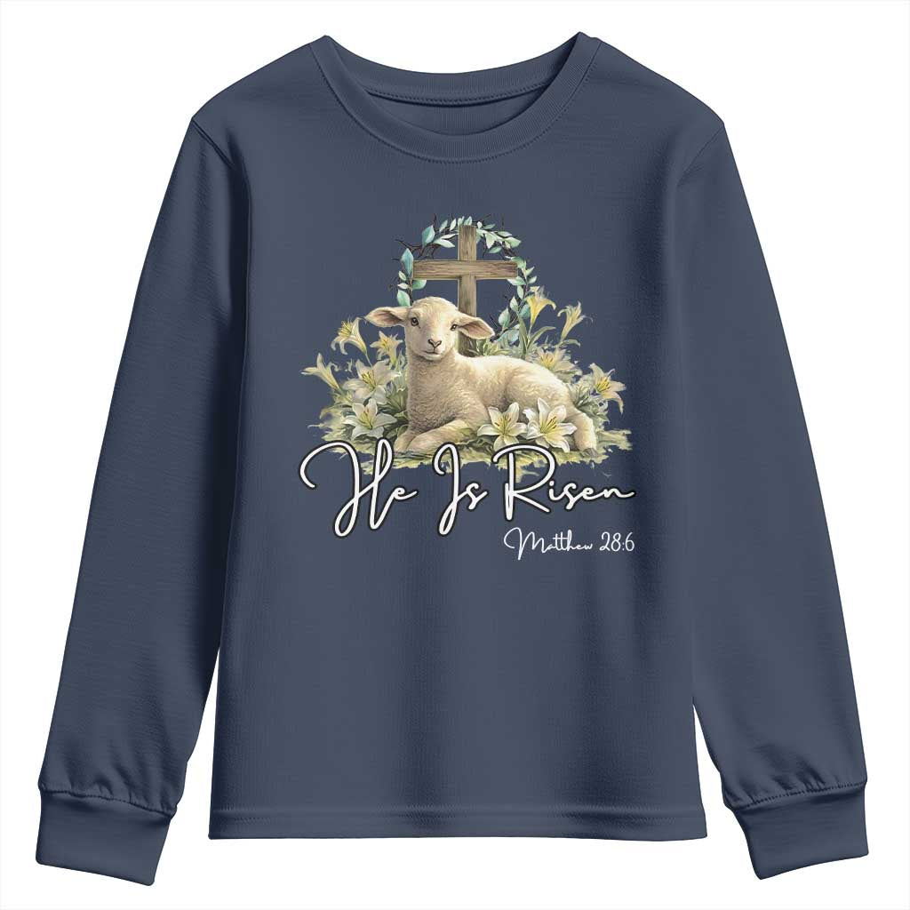 He Is Risen Youth Sweatshirt Christian Religious Easter Day Bible Verse Sheep TS11 Navy Print Your Wear