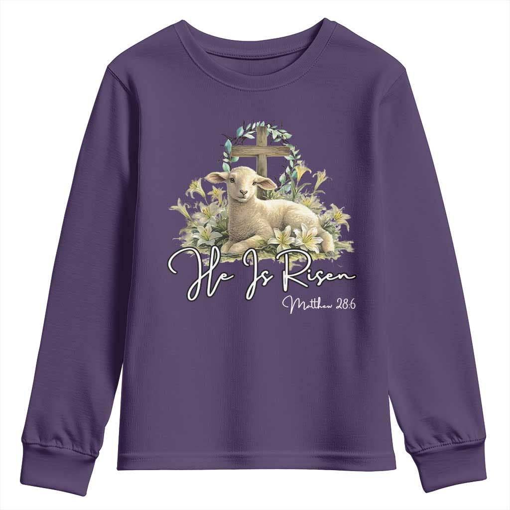 He Is Risen Youth Sweatshirt Christian Religious Easter Day Bible Verse Sheep TS11 Purple Print Your Wear