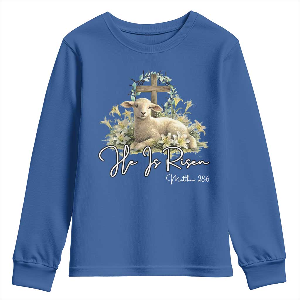 He Is Risen Youth Sweatshirt Christian Religious Easter Day Bible Verse Sheep TS11 Royal Blue Print Your Wear