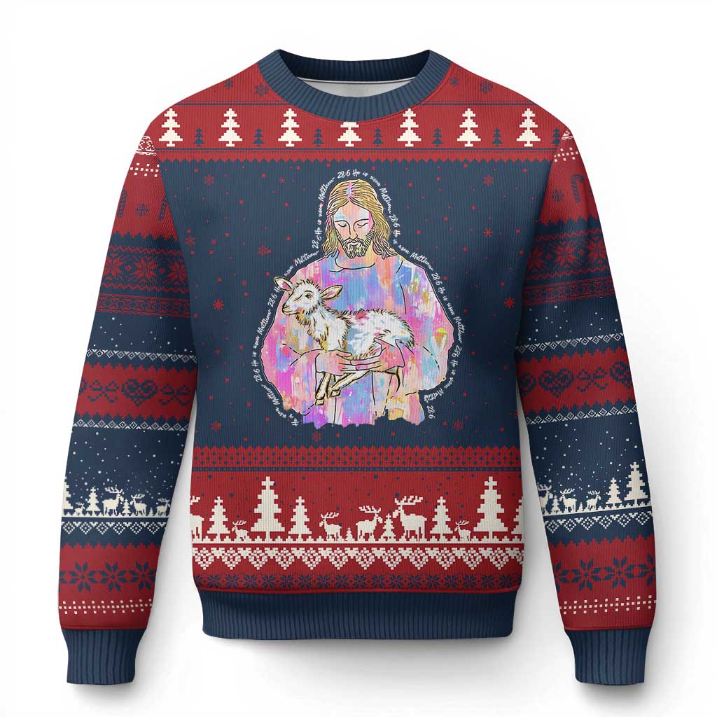 He Is Risen Ugly Christmas Sweater Christian Religious Easter Day Bible Verse Sheep Glitter Print TS11 Navy Red Print Your Wear