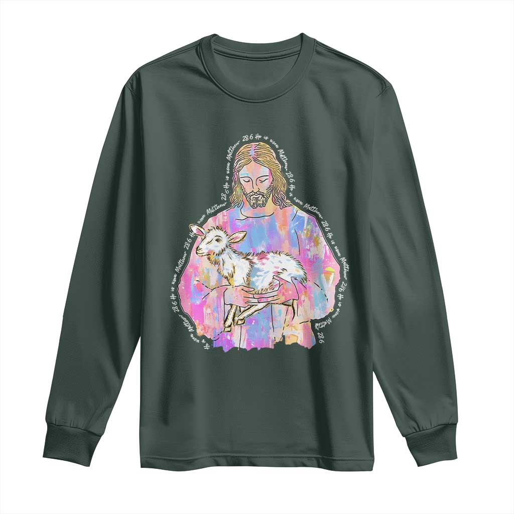 He Is Risen Long Sleeve Shirt Christian Religious Easter Day Bible Verse Sheep Glitter Print TS11 Dark Forest Green Print Your Wear