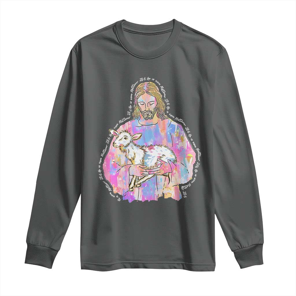 He Is Risen Long Sleeve Shirt Christian Religious Easter Day Bible Verse Sheep Glitter Print TS11 Dark Heather Print Your Wear