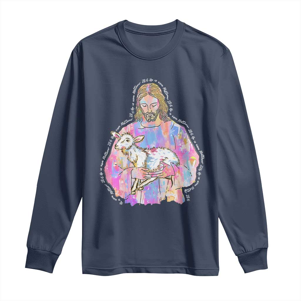 He Is Risen Long Sleeve Shirt Christian Religious Easter Day Bible Verse Sheep Glitter Print TS11 Navy Print Your Wear