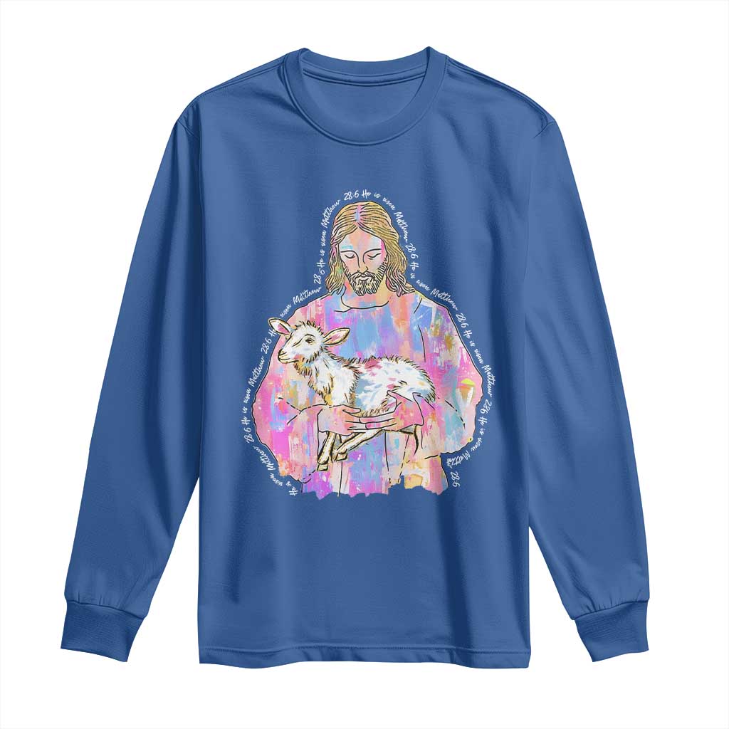 He Is Risen Long Sleeve Shirt Christian Religious Easter Day Bible Verse Sheep Glitter Print TS11 Royal Blue Print Your Wear