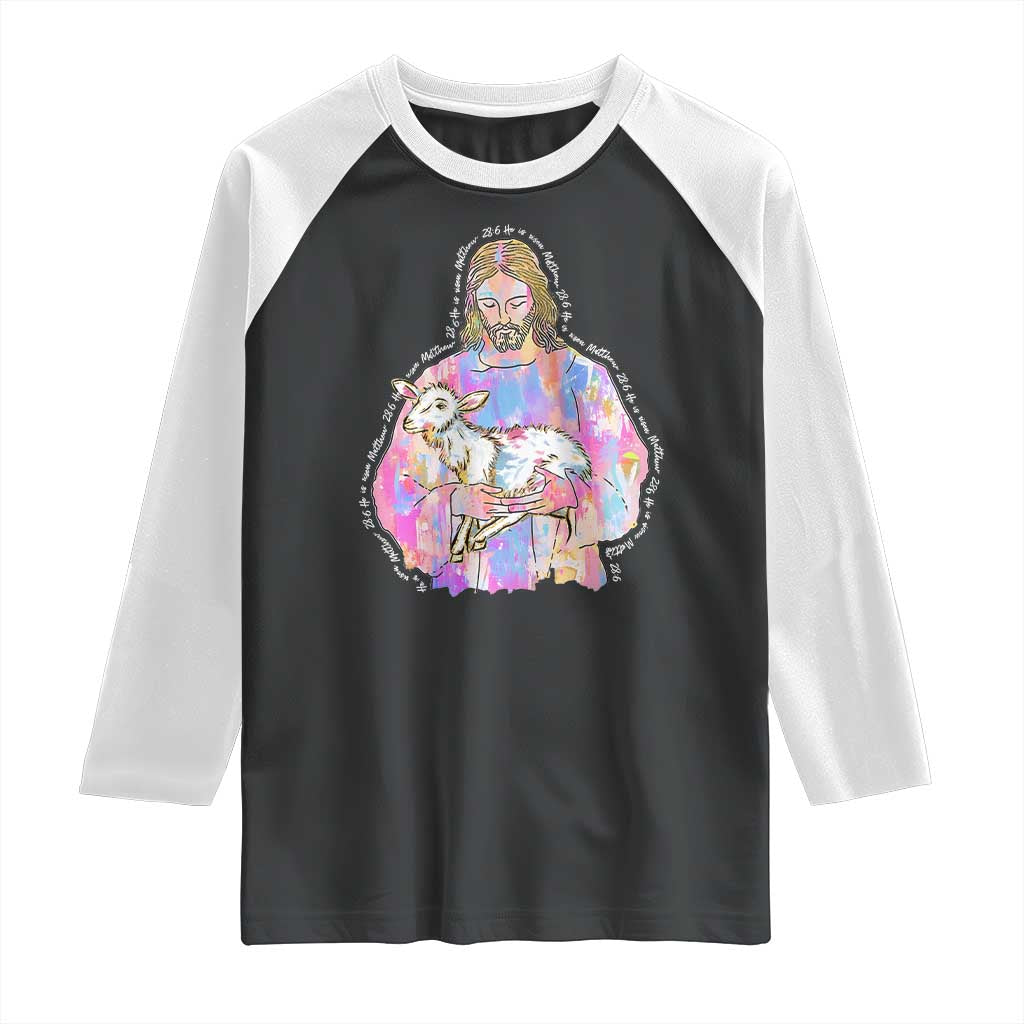 He Is Risen Raglan Shirt Christian Religious Easter Day Bible Verse Sheep Glitter Print TS11 Black White Print Your Wear