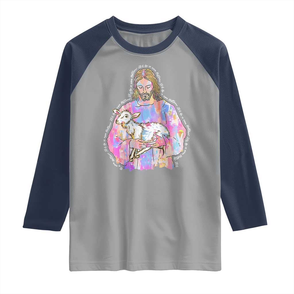 He Is Risen Raglan Shirt Christian Religious Easter Day Bible Verse Sheep Glitter Print TS11 Sport Gray Navy Print Your Wear