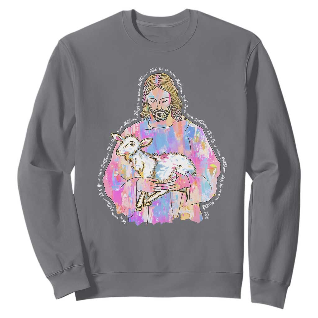 He Is Risen Sweatshirt Christian Religious Easter Day Bible Verse Sheep Glitter Print TS11 Charcoal Print Your Wear