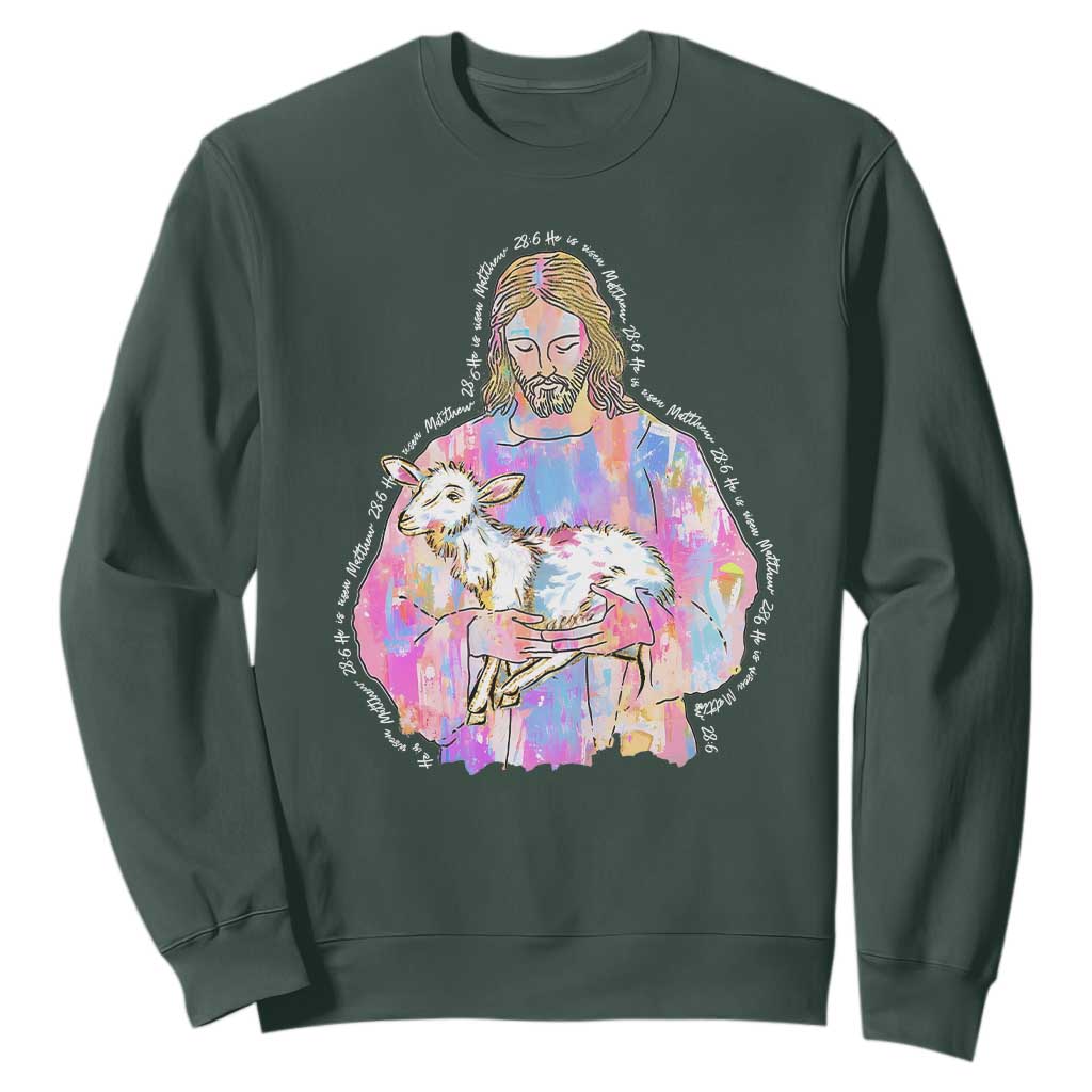 He Is Risen Sweatshirt Christian Religious Easter Day Bible Verse Sheep Glitter Print TS11 Dark Forest Green Print Your Wear