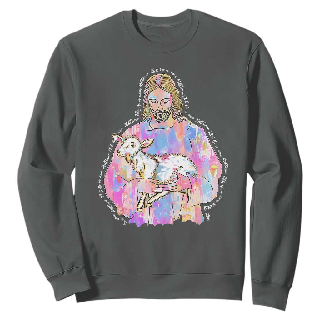 He Is Risen Sweatshirt Christian Religious Easter Day Bible Verse Sheep Glitter Print TS11 Dark Heather Print Your Wear