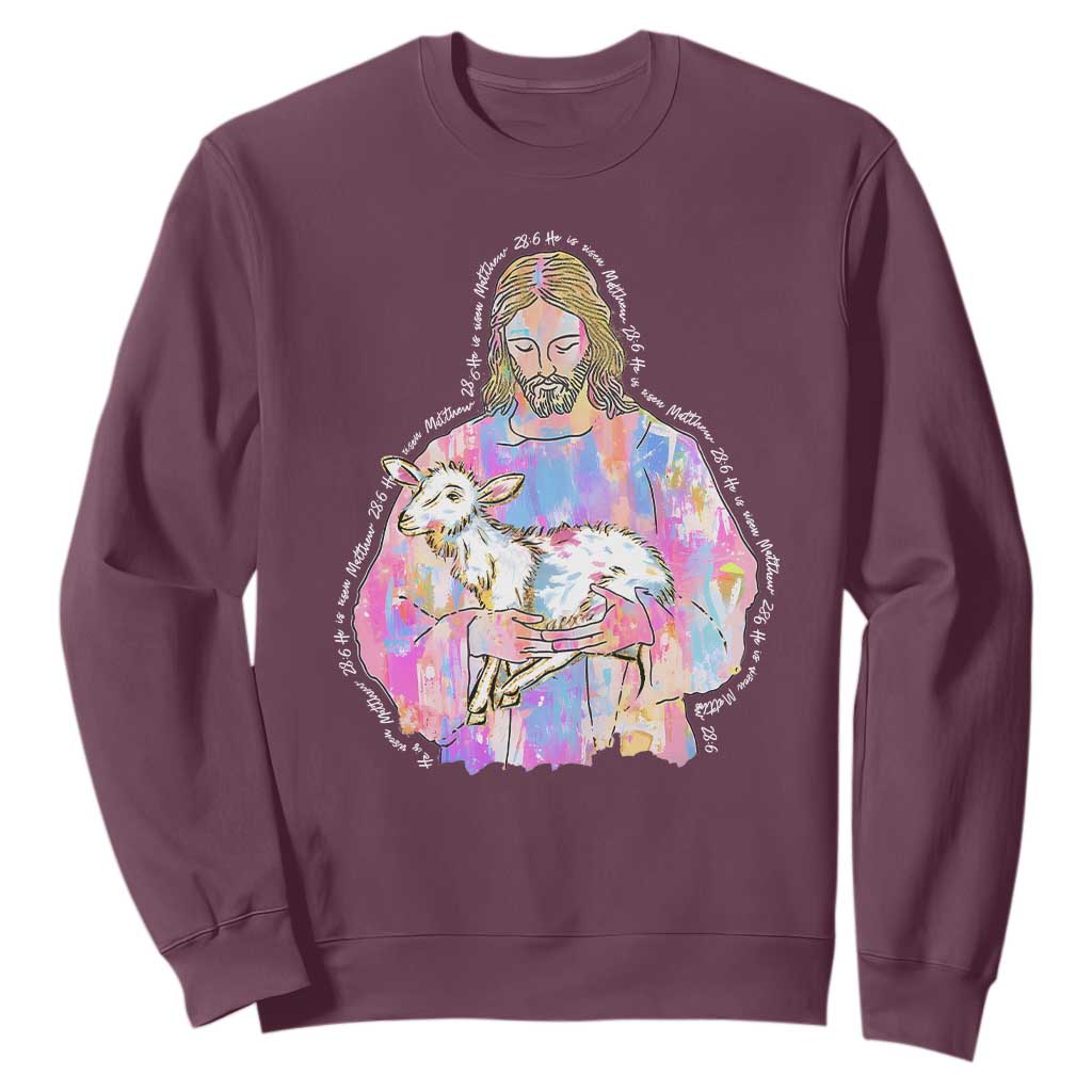 He Is Risen Sweatshirt Christian Religious Easter Day Bible Verse Sheep Glitter Print TS11 Maroon Print Your Wear