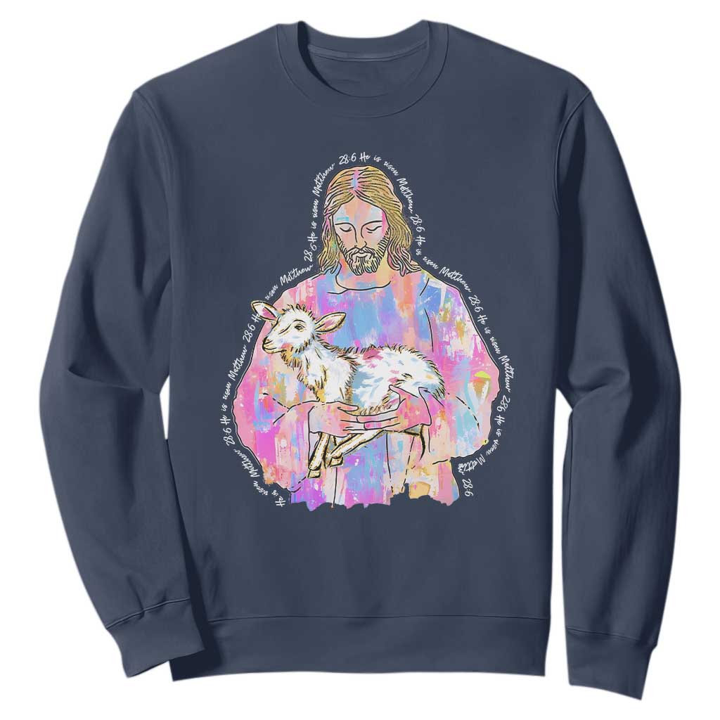 He Is Risen Sweatshirt Christian Religious Easter Day Bible Verse Sheep Glitter Print TS11 Navy Print Your Wear