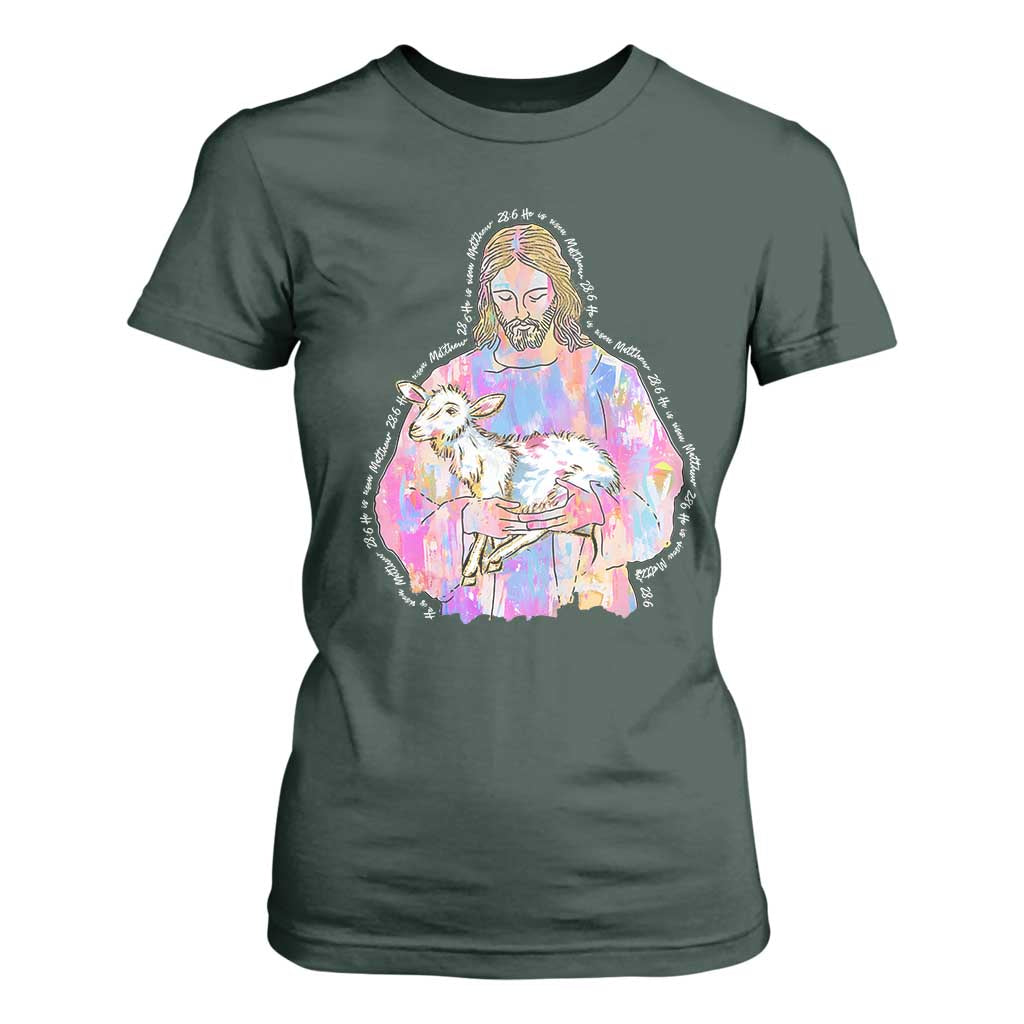 He Is Risen T Shirt For Women Christian Religious Easter Day Bible Verse Sheep Glitter Print TS11 Dark Forest Green Print Your Wear