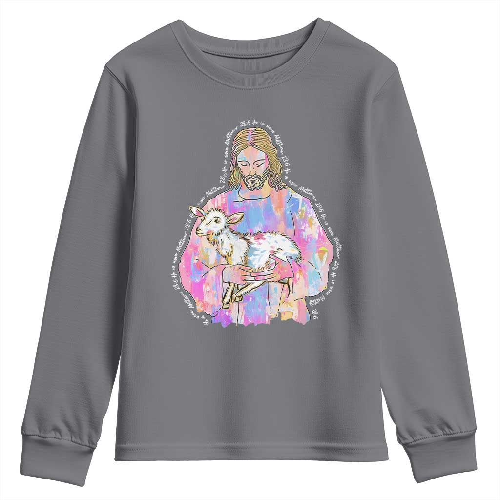 He Is Risen Youth Sweatshirt Christian Religious Easter Day Bible Verse Sheep Glitter Print TS11 Charcoal Print Your Wear