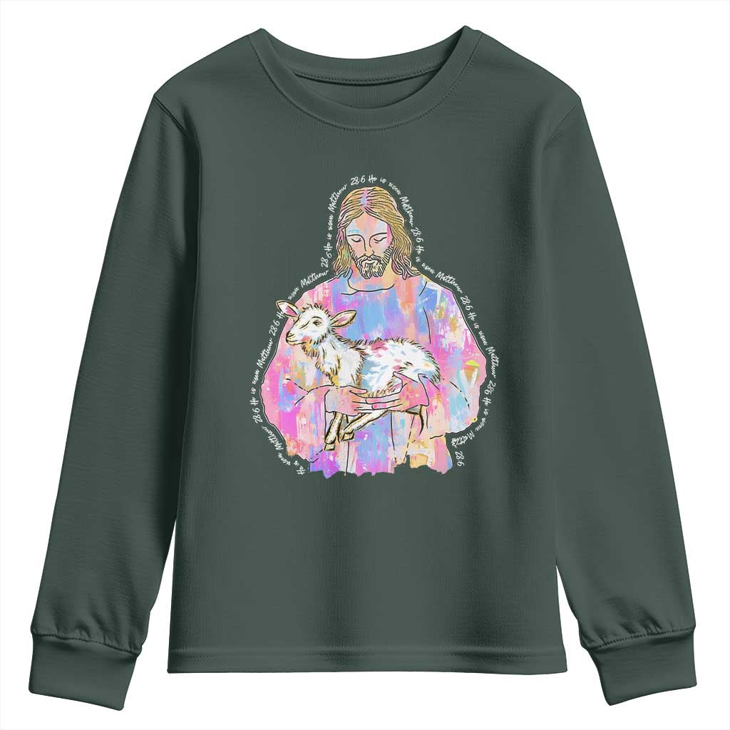 He Is Risen Youth Sweatshirt Christian Religious Easter Day Bible Verse Sheep Glitter Print TS11 Dark Forest Green Print Your Wear