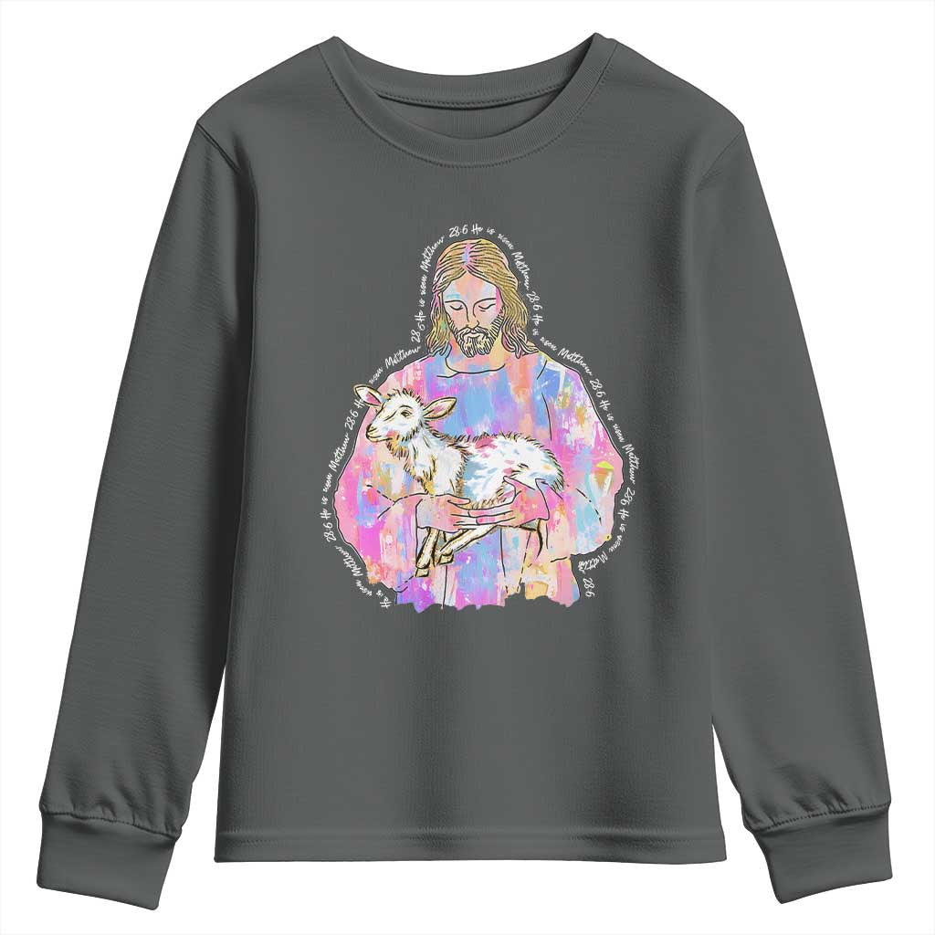 He Is Risen Youth Sweatshirt Christian Religious Easter Day Bible Verse Sheep Glitter Print TS11 Dark Heather Print Your Wear