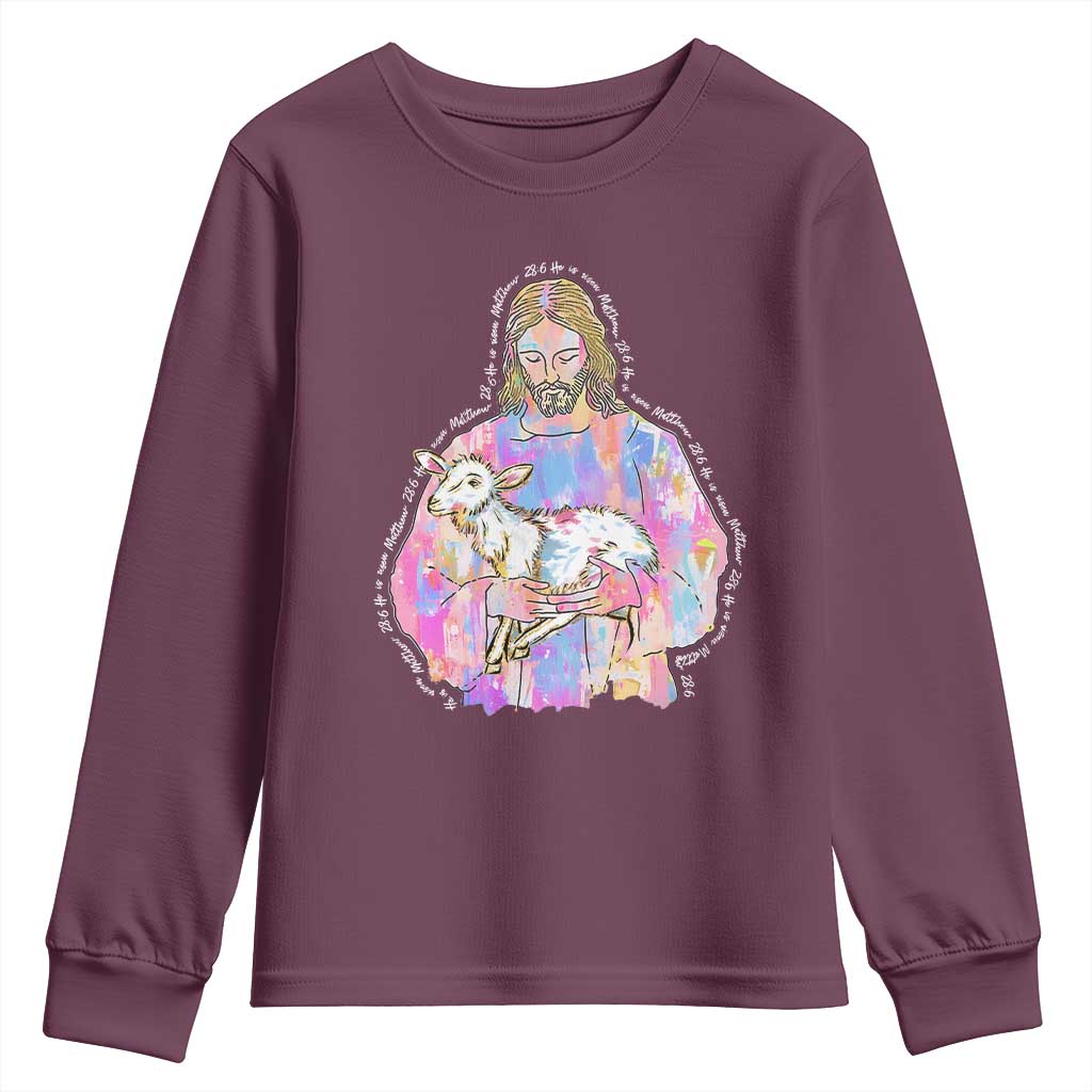He Is Risen Youth Sweatshirt Christian Religious Easter Day Bible Verse Sheep Glitter Print TS11 Maroon Print Your Wear