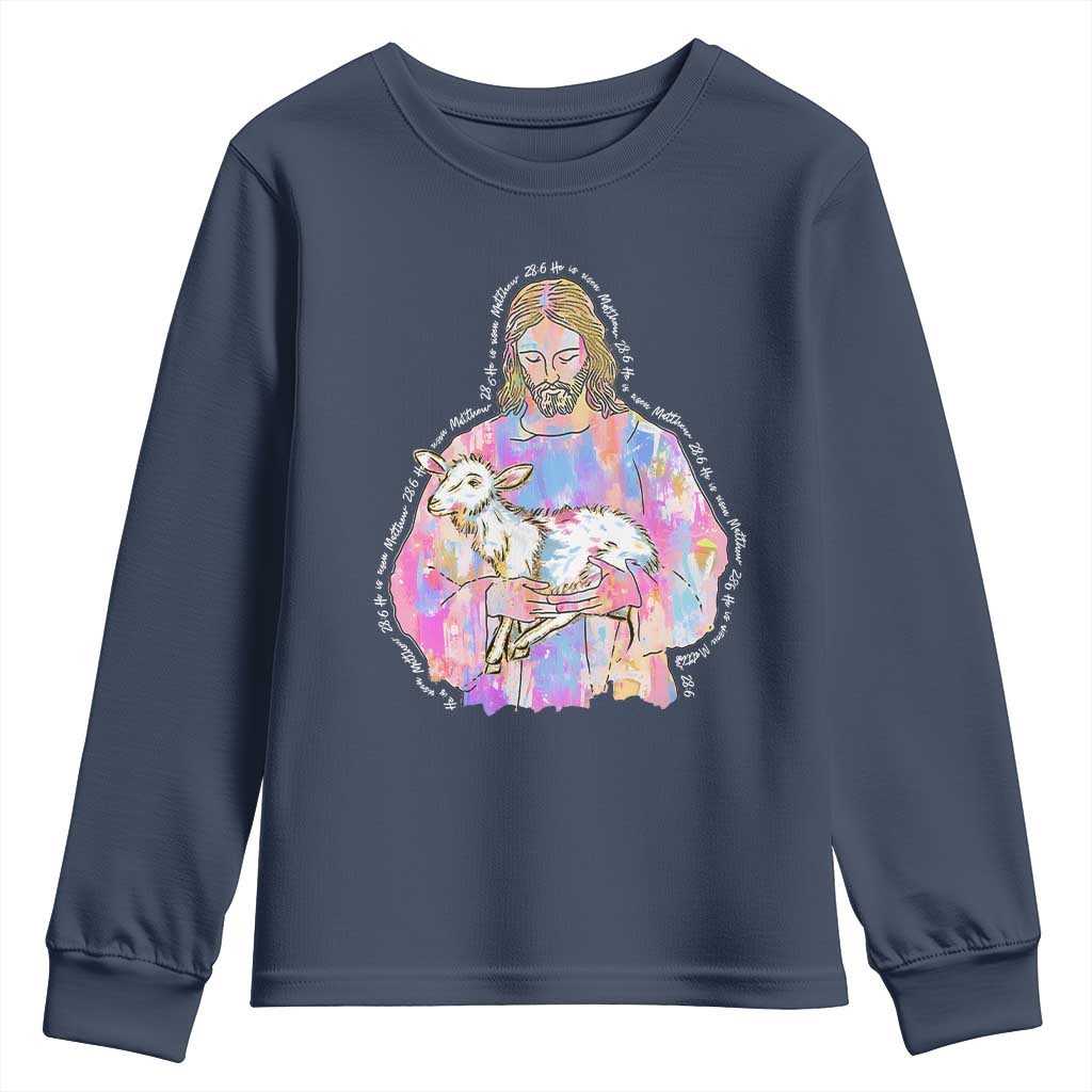He Is Risen Youth Sweatshirt Christian Religious Easter Day Bible Verse Sheep Glitter Print TS11 Navy Print Your Wear