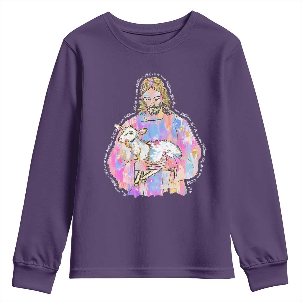 He Is Risen Youth Sweatshirt Christian Religious Easter Day Bible Verse Sheep Glitter Print TS11 Purple Print Your Wear