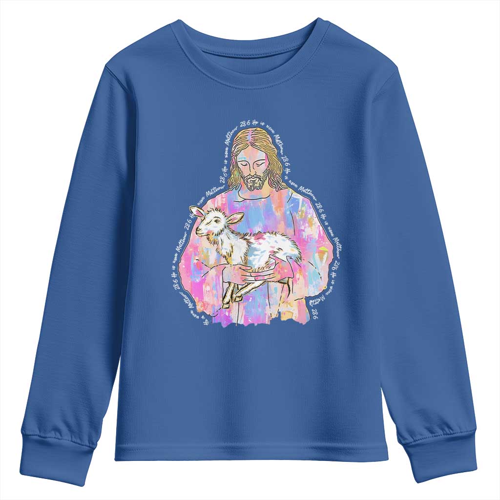 He Is Risen Youth Sweatshirt Christian Religious Easter Day Bible Verse Sheep Glitter Print TS11 Royal Blue Print Your Wear