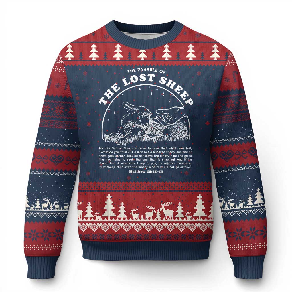 The Parable Of The Lost Sheep Ugly Christmas Sweater Christian Bible Verse TS11 Navy Red Print Your Wear
