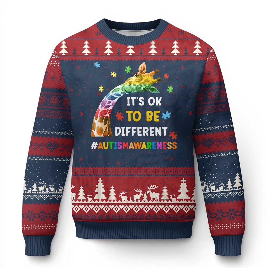 It's Ok To Be Different Autism Awareness Ugly Christmas Sweater Rainbow Giraffe Puzzle TS11 Navy Red Print Your Wear