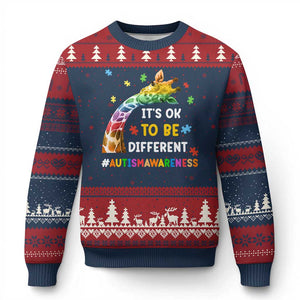It's Ok To Be Different Autism Awareness Ugly Christmas Sweater Rainbow Giraffe Puzzle TS11 Navy Red Print Your Wear