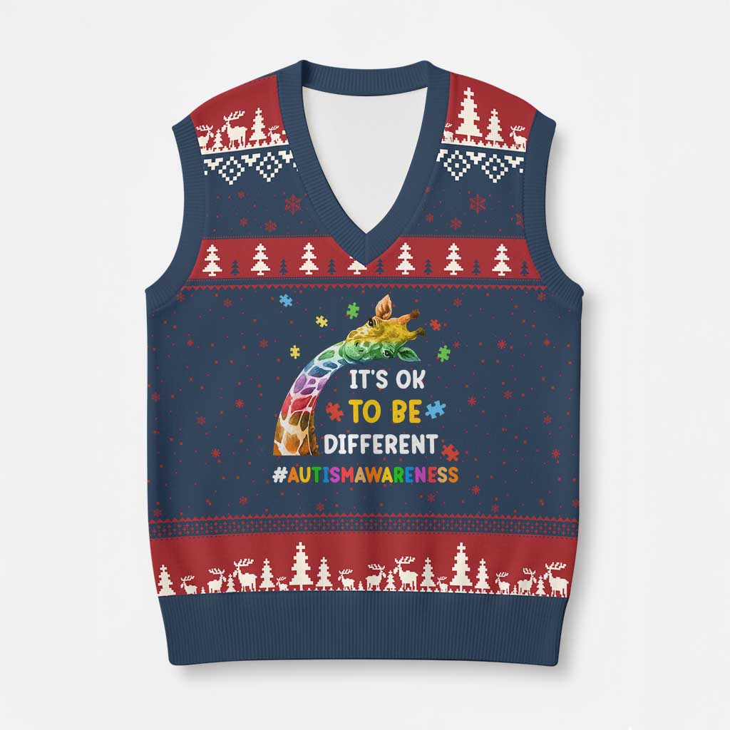 It's Ok To Be Different Autism Awareness V-Neck Knit Sweater Vest Rainbow Giraffe Puzzle TS11 Navy Red Print Your Wear